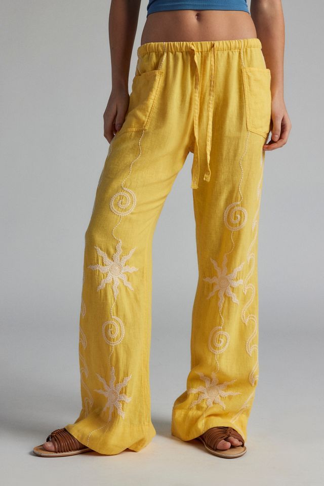 UO Amelie Embroidered Linen Pant Trendy Pants Linen, Unique Pants Cotton, Trendy Cotton Pants, Boho Cotton Pants, Boho Patch Pants, Cheap Urban Outfitters Summer Pants, Emboridered Fabric, Yellow Linen Pants, Linen Pants Outfit