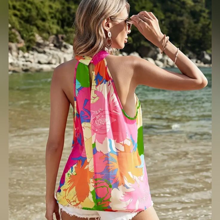 Vibrant Floral Halter Tank Top - Stylish Halter Neck & Sleeveless Design - Resort-Ready Vacation Style For Spring & Summer - Chic Womens Casual Top Xxl /14 V-neck Vest Top For Beach Season, Tropical Print Sleeveless Halter Top For Beach, Sleeveless Tropical Print Halter Top For Beach, Stretch Floral Print Summer Tank Top, Multicolor Halter Neck Top For Beach Season, Multicolor V-neck Tank Top For Beach, Tropical Sleeveless Halter Top For Summer, Tropical Print Sleeveless Halter Top, Tropical Halter Top For Summer