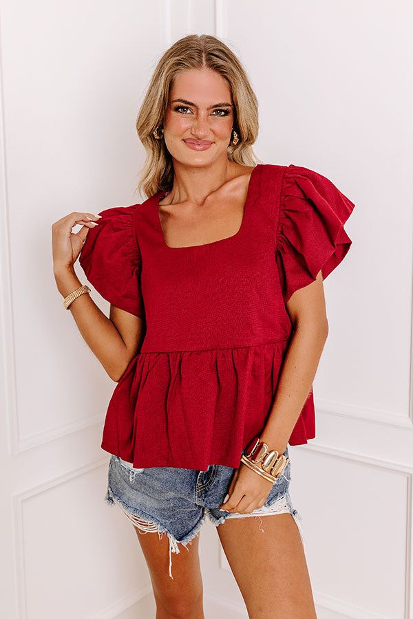 - Be ready for endless compliments with this darling top! - Partially lined material with an unlined back panel - A scoop neckline - Short flutter sleeves - A flattering peplum top silhouette that ends in a ruffles hemline Measurements S : Bust 36", Hip 42", Length 22.5", Sleeve Length 6", Waist 34". M : Bust 38", Hip 44", Length 23", Sleeve Length 6", Waist 36". L : Bust 40", Hip 46", Length 23.5", Sleeve Length 6.5", Waist 38". Flutter Sleeves, Flutter Sleeve, Scoop Neckline, Peplum Top, Ruffles, Style Inspiration, Sleeve Length, Luxury Fashion, Red