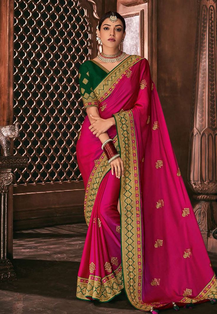 Kajal aggarwal pink silk bollywood saree 5181  Desc:  Style : Bollywood Sarees Color : Pink Fabric : Silk Work : Embroidery Wash Care : Dry clean Sleeve Style : Half Sleeve Long Sleeves : Done only in Custom Stitch Sleeves Lining : Done only in Custom Stitch Bust Size : 32 to 42 Inches Occasion : Festival   Christmas   Diwali   Kitty Party   Party Wear   Engagement   Ceremonial   Baby Shower   Marriage Anniversary. With Express Free Shipping and Custom Stitching, Buy Indian Wedding Party Wear Sa South Silk Sarees, Latest Saree, Indian Silk Sarees, Indian Sarees Online, Indian Wedding Wear, Elegant Attire, Embroidered Art, Blouse Neck, Art Silk Sarees