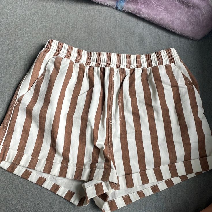 Bought These.. Never Wore Them. They’re So Cute Just Not My Style So They’re Basically Brand New! Brown Is So On Trend And These Are Adorable For Summer Brown Cotton Shorts For Summer, Trendy Striped Bottoms For Beach Season, Striped Shorts For Summer Day Out, Trendy Summer Pajama Shorts For Day Out, Trendy Pajama Shorts For Summer Day Out, Striped Cotton Shorts For Day Out, Trendy Cotton Shorts For Summer Outings, Brown Cotton Shorts For Day Out, Trendy White Bottoms For Summer Outings