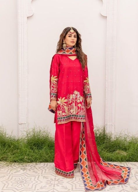 Pakistani Reddish Pink Kameez Trouser and Dupatta Dress Online – Nameera by Farooq Party Traditional Wear With Naqshi On Chanderi, Red Naqshi Traditional Wear For Wedding, Diwali Raw Silk Dress With Naqshi Detailing, Diwali Raw Silk Dress With Naqshi, Red Unstitched Sharara With Naqshi Detailing, Red Raw Silk Traditional Wear With Naqshi, Red Sharara With Naqshi In Traditional Drape, Red Naqshi Sharara With Traditional Drape, Naqshi Raw Silk Traditional Wear For Party