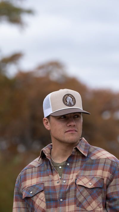 Hooey Quanah 5 Panel Trucker Hat Tan Brown/White Circle Patch 5-Panel OSFA Snapback High-Profile Curved Bill Tan/White White Country Style Hat With Flat Brim, White Western Hat With Flat Bill, White Country Style Hat For Outdoor, White Flat Bill Country Hat Bands, White Country Style Outdoor Hat, Western White Cap Hat, Beige Flat Bill Trucker Hat For Outdoor, White Flat Brim Snapback Hat For Outdoor, White Flat Brim Hat For Country Events