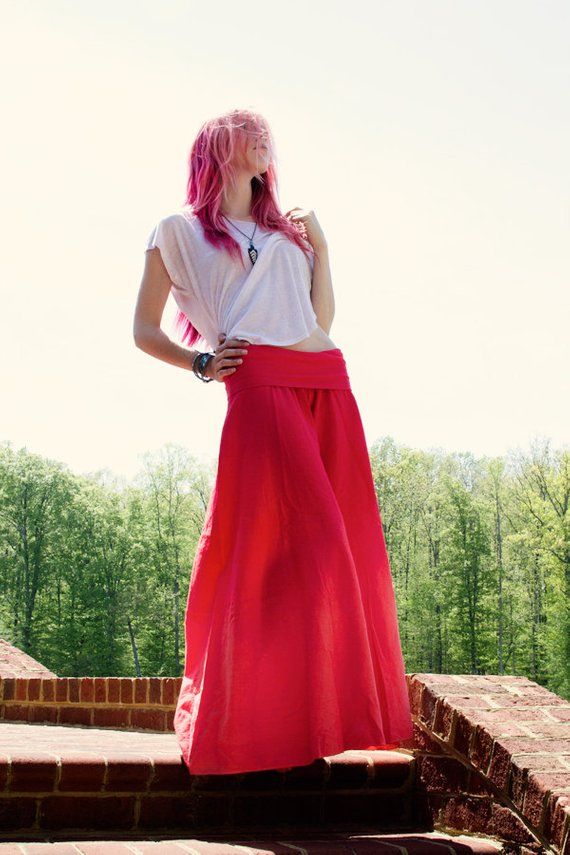 Looks like a skirt but they're pants!  The coral/pink fade is best seen in person-  the color is just so lush it radiates ♥ These gorgeous things of beauty are made of a super soft and lightweight cotton gauze-  airy enough to float in the wind but opaque enough for modesty's sake.  These are the ultimate comfort for lounging around in the sun.  Features a wide fold-over band of cotton/rayon stretchiness to ensure the perfect fit!You choose your size and your length - each pair is entirely custo Non-stretch Long Pink Skirt, Casual Red Long Skirt, Spring Full-length Baggy Skirt, Baggy Full-length Skirt For Spring, Bohemian Fitted Bottoms For Summer, Spring Harem Yoga Pants, Pink Non-stretch Yoga Pants, Fitted Bohemian Bottoms For Summer, Full Length Cotton Yoga Pants For Spring