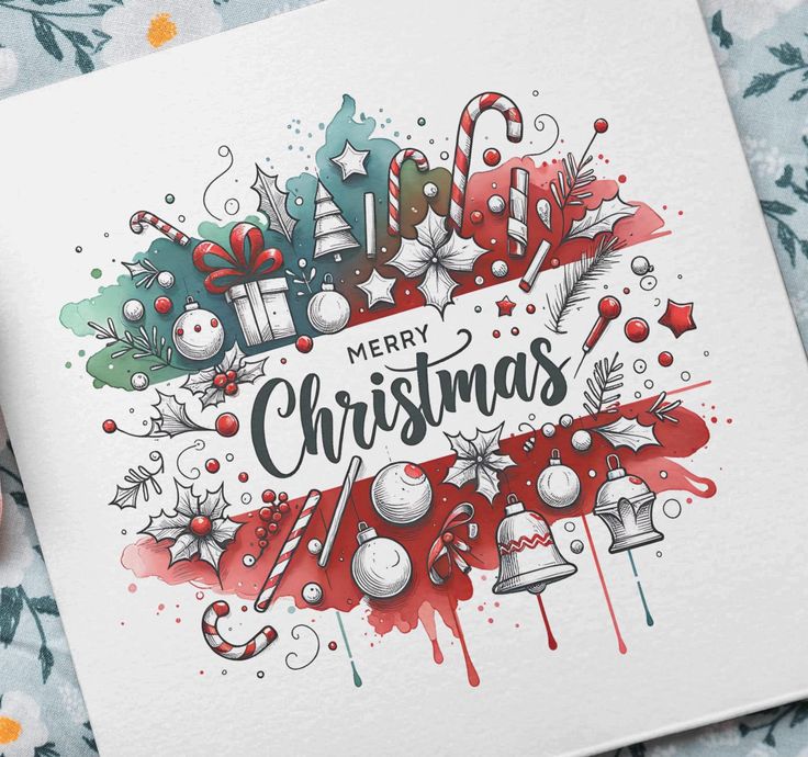 a christmas card with the words merry christmas written in red and green ink on it