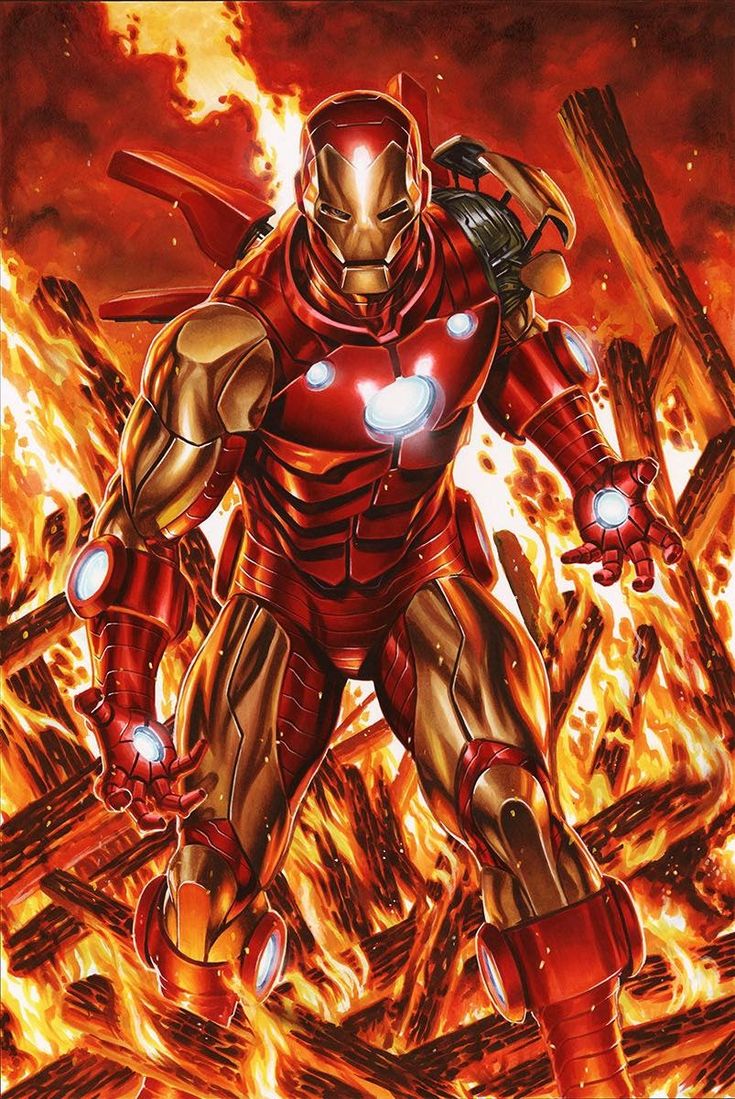 an iron man standing in front of fire