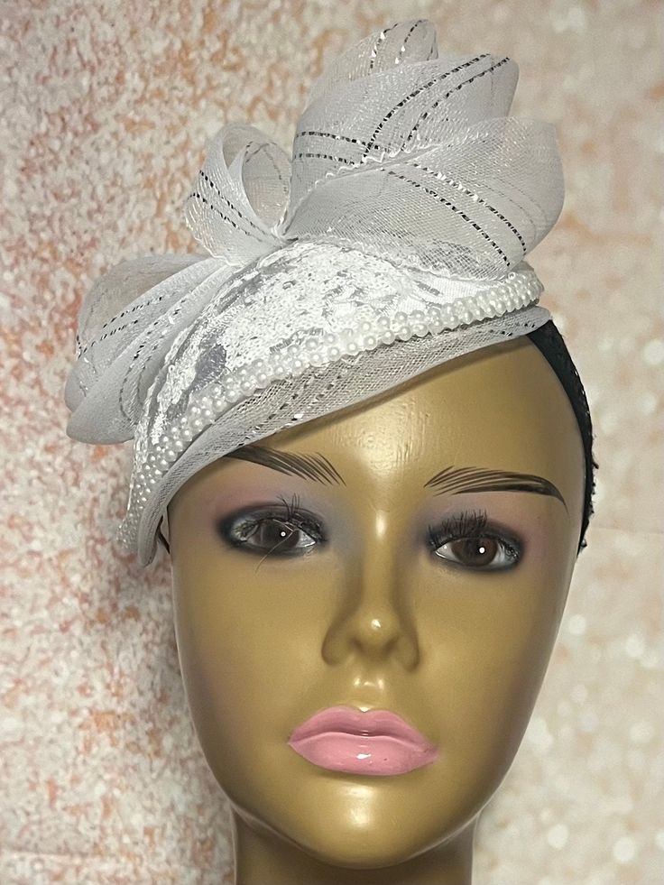 White Pearl Lace Teardrop Fascinator Half Hat, Church Head Covering, Tea Party, Kentucky Derby, Bride Hat, Wedding, and Special Occasions White pearl hat base with crinoline edge trimmed with pearls. Hat measures approximately 9.5 X7.5 PLEASE NOTE All items for Free Shipping will be shipped via USPS First Class Mail. Gifts for mom, sister, wife, or yourself. Fitted Bridal Accessories For Royal Ascot Party, Fitted Bridal Accessories For Kentucky Derby Party, White Summer Wedding Headband, Elegant Fitted Bridal Accessories For Party, Party Bridal Hat Accessories, Fitted Elegant Bridal Accessories For Summer, Elegant Fitted Bridal Accessories For Summer, Elegant Fitted Summer Bridal Accessories, Gatsby Style Summer Wedding Fascinator