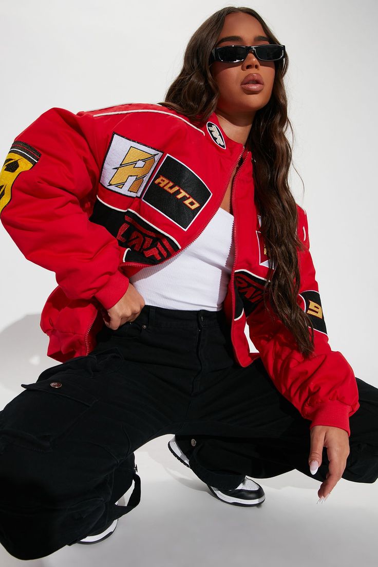 Available In Red. Bomber Jacket Oversize Fit Zip Front Closure Funnel Collar Woven Badges Pipping Detail Embroidery Fully Lined Lightweight Padding Disclaimer : Embroidery Placement Will Vary Shell: 100% Cotton Lining: 100% Polyester Filler: 100% Polyester Imported | Racing Cali Bomber Jacket in Red size Small by Fashion Nova Detail Embroidery, Embroidery Placement, Sweater Jumpsuit, Personal Marketing, Red Jacket, Red Fashion, Funnel, Sweater Jacket, Oversized Fits