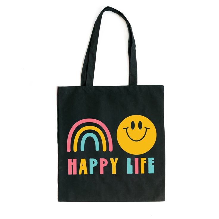 Looking for a cute tote bag to carry all your essentials this summer? This cute Happy Life bag will be perfect to add to your collection. Perfect for a day at the beach or every day life! Cute Multicolor Bags With Letter Print, Cute Black Summer Shoulder Bag, Playful Black Bag For Everyday Use, Playful Black Bags For Everyday Use, Fun Black Shoulder Bag For Travel, Playful Black Rectangular Bag, Fun Everyday Tote Beach Bag, Fun Tote Beach Bag, Playful Tote Beach Bag