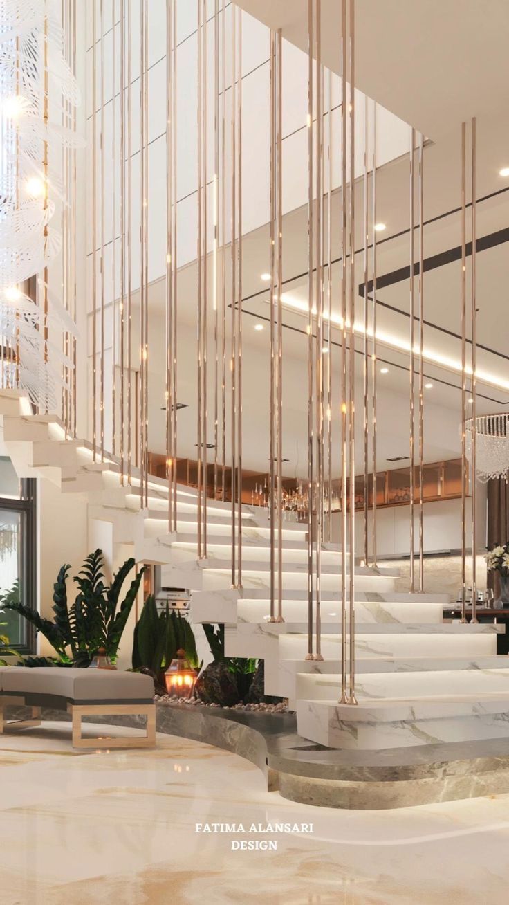 the interior of a modern hotel lobby with stairs and chandelier hanging from the ceiling