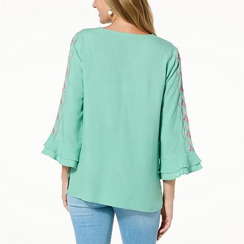 Colleen Lopez Embroidered Woven Tunic  Pretty floral embroidery details this lightweight tunic, an elegantly easygoing look that elevates casual outfits. Casual V-neck Blouse With Embroidered Sleeves, Casual V-neck Top With Embroidered Sleeves, Casual Embroidered Top With Relaxed Fit For Spring, Spring V-neck Tunic With Embroidered Neckline, Green Long Sleeve Top With Embroidered Neckline, Casual Embroidered Spring Tunic Top, Spring Bell Sleeve Cotton Blouse, Spring Cotton Bell Sleeve Blouse, Green Long Sleeve Tops With Embroidered Neckline