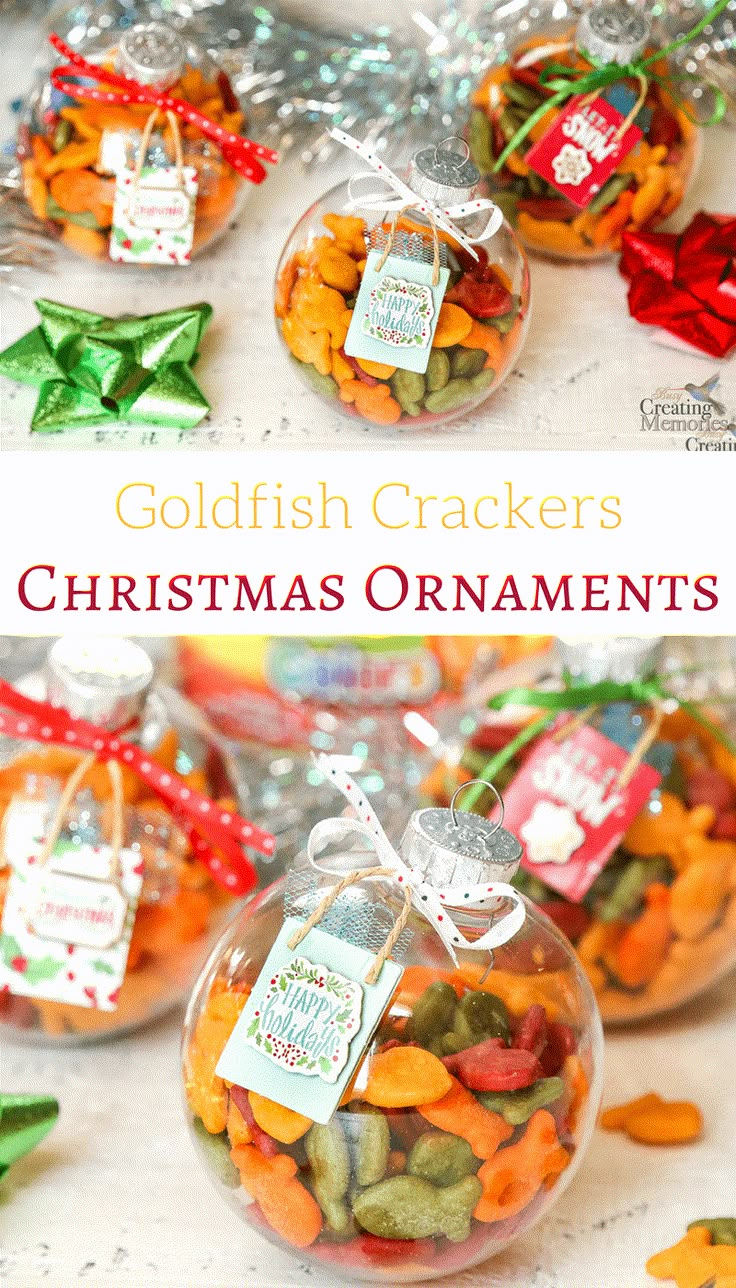 christmas ornament filled with goldfish crackers in a glass jar and tied with ribbon