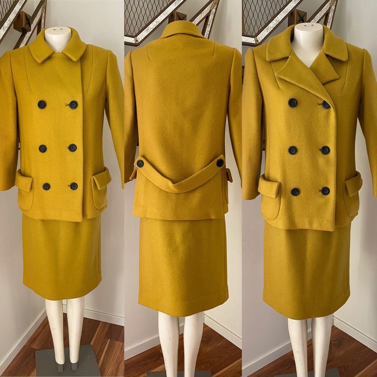 This 60s wool suit will keep you warm while looking great. The label says Tailored by Gaynes and it also has a label from Gilbert's in South Bend. The Jacket measurements are 38 in bust, 27 inches in length and 16 inches across the shoulder seam. The measurements of the skirt are 26 inches at the high waist , 36 in hips, and 24 inches in length. Tailored Wool Skirt Suit, Classic Wool Long Sleeve Skirt Suit, Vintage Winter Suits For Workwear, Classic Wool Skirt Suit For Winter, Vintage Winter Suits For Office, Classic Winter Skirt Suit For Career, Wool Long Sleeve Skirt Suit For Work, Fitted Wool Suits For Career, Vintage Winter Office Suits