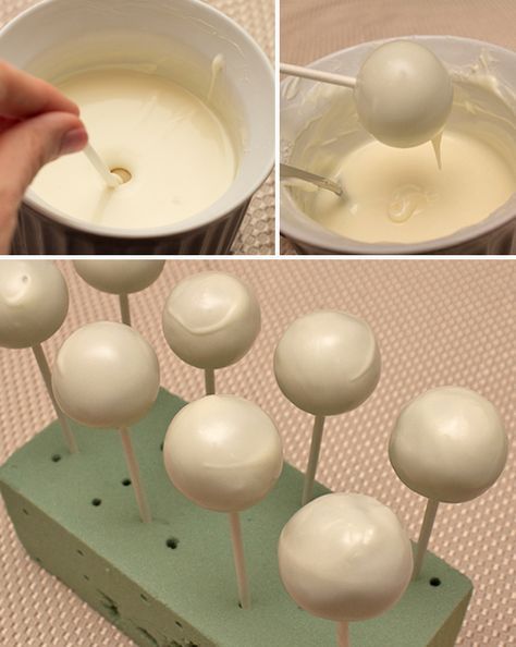 an image of cake pops being made with white chocolate