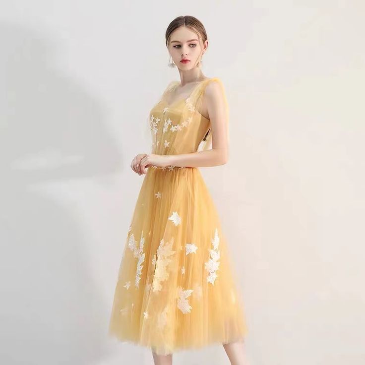 Elegant Sleeveless Fairy Dress For Spring, Gold Midi Length Evening Dress, Elegant Fairy Dress For Spring Garden Party, Yellow Tulle Wedding Dress, Summer Tulle Evening Dress For Prom, Summer Prom Tulle Evening Dress, Spring Sleeveless Tulle Evening Dress, Sleeveless Tulle Evening Dress For Spring, Yellow Tulle Dress For Spring