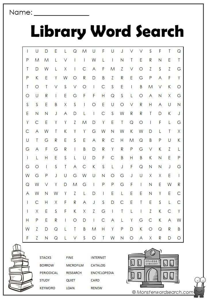 the library word search is shown in this printable worksheet for students to practice reading