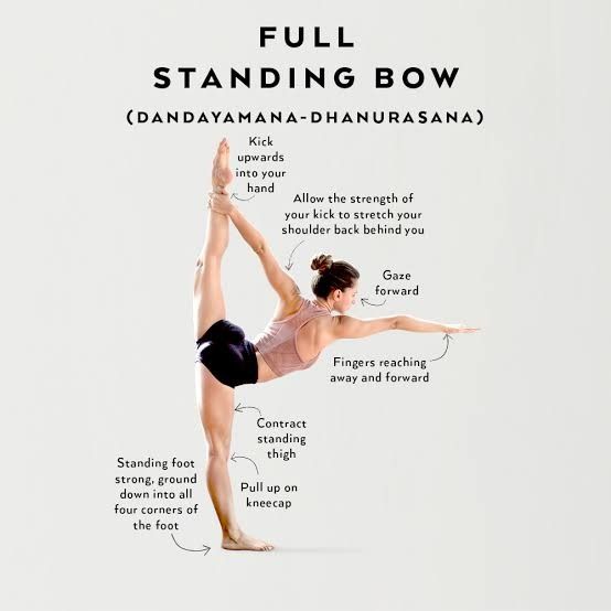 a woman is doing a yoga pose with the words full standing bow above her head