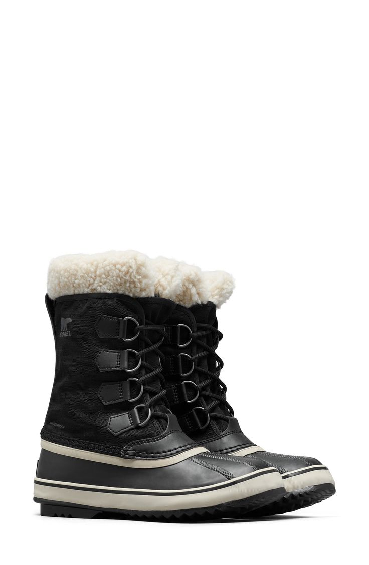 Stay warm and dry even on icy days with the faux-shearling trim, waterproof protection and seam-sealed construction of this stylish boot. An extreme-traction sole helps keep you steady while taking both long and short excursions. Waterproof: protects against rain, puddles and slush to keep feet dry in wet conditions 6" shaft Lace-up style Removable 6mm washable, recycled felt inner boot 2.5 mm bonded felt frost plug Synthetic upper and lining/rubber sole Imported Winter Weatherproof Hiking Boots For Cold Weather, Black Insulated Winter Boots, Insulated Black Winter Boots, Weatherproof Round Toe Boots For Cold Weather, Winter Insulated Boots For Cold Weather, Insulated Boots For Cold Weather And Winter, Insulated Winter Boots For Cold Weather, Winter Waterproof Lace-up Boots, Weatherproof Winter Hiking Boots