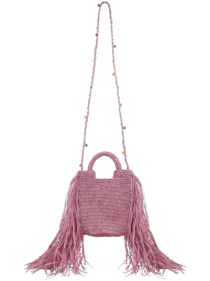 pink raffia interwoven design press-stud fastening two top handles detachable shoulder strap fringed edge Chic Pink Crochet Bag With Adjustable Strap, Pink Woven Crossbody Shoulder Bag, Pink Fringe Bag For Daily Use, Pink Top Handle Straw Bag For Daily Use, Rectangular Pink Bag With Fringe, Pink Fringe Shoulder Bag, Pink Rectangular Tassel Bag, Pink Bags With Tassels For Daily Use, Pink Fringe Bag For Everyday Use