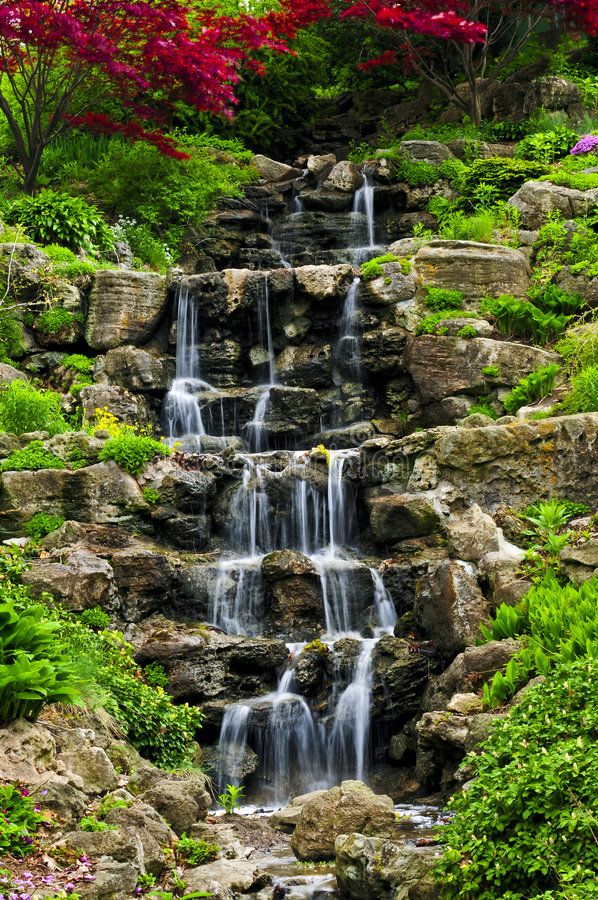 a waterfall in the middle of a lush green forest with lots of trees and flowers