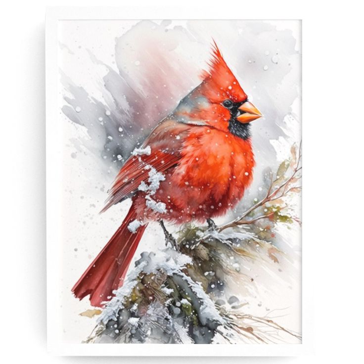 a painting of a cardinal sitting on top of a tree branch in the snow covered ground