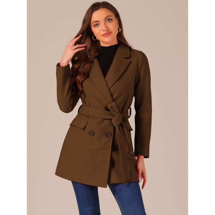 The long trench coat is shaped in a classic double-breasted cut. This soft, elegant coat with a tie around the waist detail is a classic look and will keep you warm in the cool weather. Whether you want to dress up your look or just stay warm in casual winter, it is a better choice for you. The self-tie belt style is flattering and fits more different body shapes. Double-breasted Belted Blazer Dress For Business, Tailored Double-breasted Belted Blazer Dress, Belted Double-breasted Blazer Dress For Business, Elegant Double-breasted Pea Coat With Belted Cuffs, Fall Long Coat Blazer Dress With Double Button Closure, Double-breasted Blazer Dress For Fall, Double-breasted Belted Pea Coat For Business, Fall Double-breasted Blazer Dress, Belted Double-breasted Pea Coat For Business