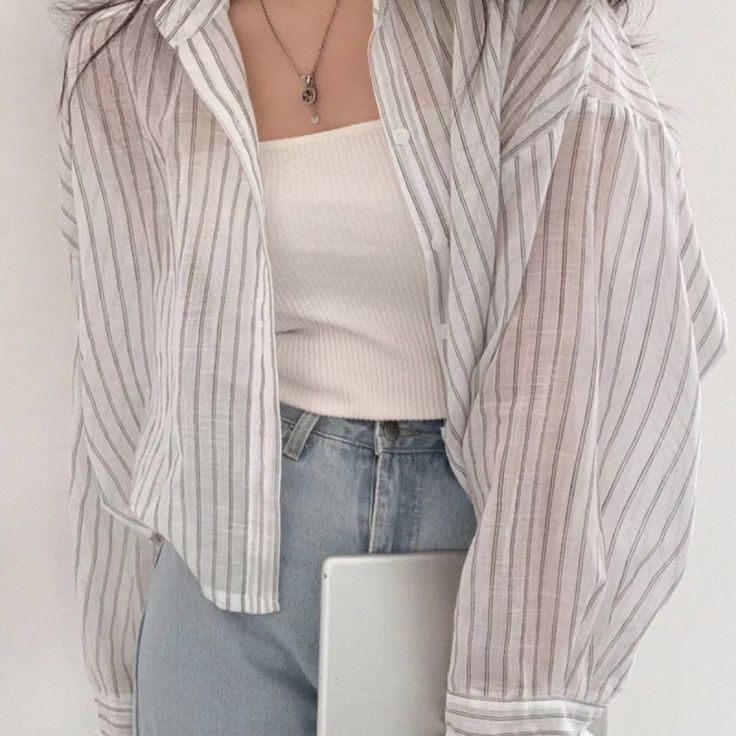 Vintage Striped Oversized Blouse Crop Top Jacket, 90s Fashion Grunge, Blouse Summer, Button Blouse, Long Midi Dress, Oversized Blouse, Chic Office, Womens Tops Summer, Chiffon Long Sleeve