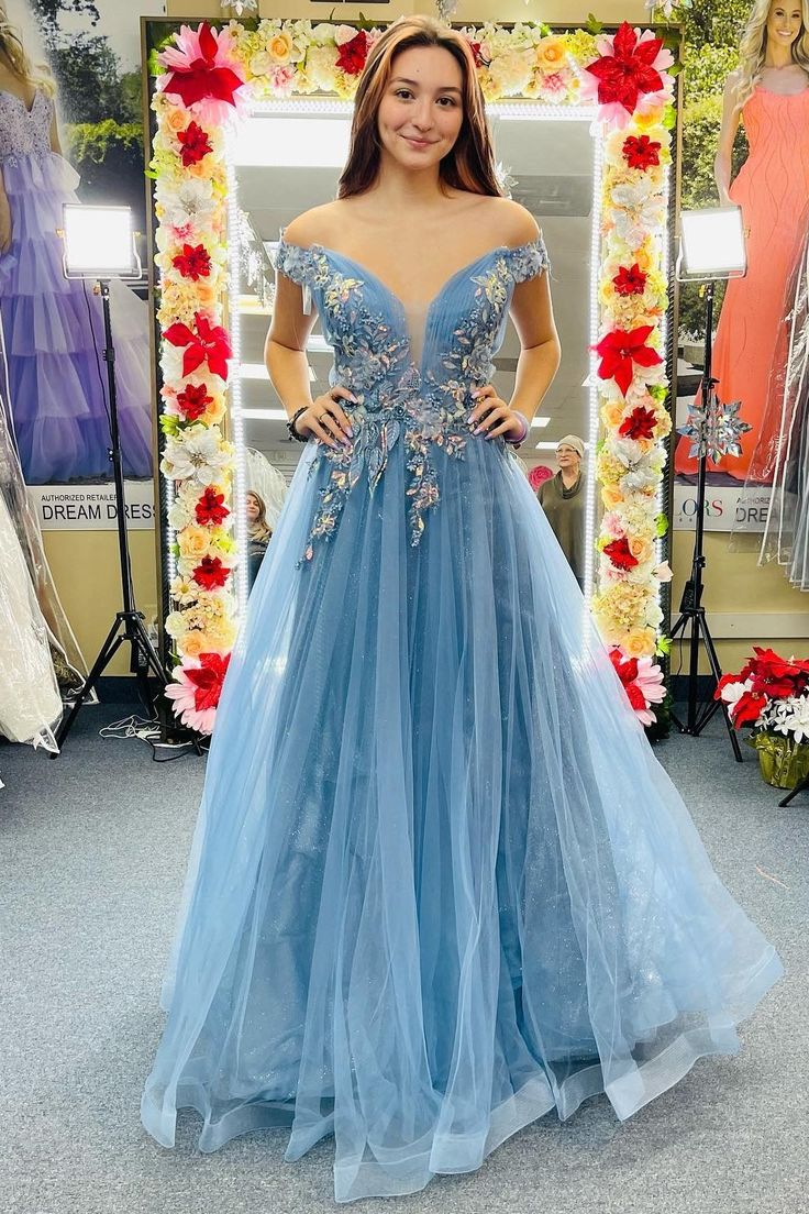 Off the Shoulder Blue Floral Appliques A-line Long Formal Dress Blue Floral Applique Dress For Gala, Blue Floral Applique Gown For Party, Formal Ball Gown With Floral Applique, Blue Floral Applique Prom Dress, Blue Floral Applique Dress For Prom, Formal Floor-length Evening Dress With Floral Applique, Elegant Light Blue Dress With Floral Applique, Blue Wedding Dress With Floral Applique, Light Blue Dress For Gala Prom Season