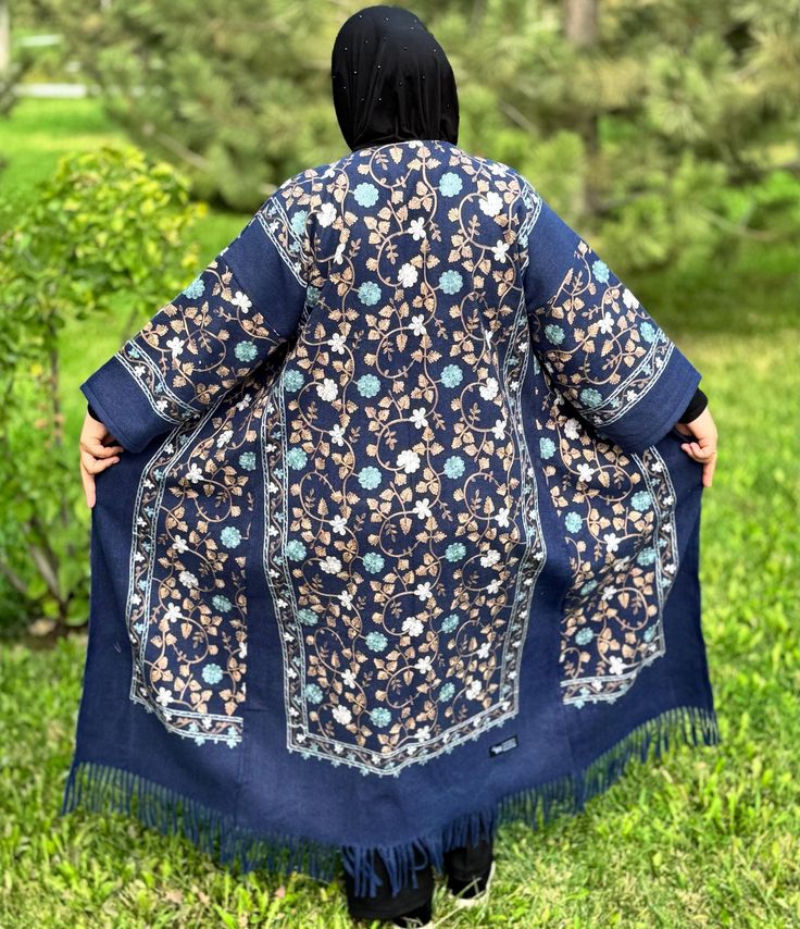 UZBEK CHAPAN, VINTAGE SUZANI EMBROIDERY COAT, WOOL UZBEK ROBE, UZBEKISTAN CAFTAN, EMBROIDERED JACKET, TADJIK DRESS Dimensions: from top to bottom: 125 cm/49 inch. waist circumference: 110 cm/43,3 inch leinght sleeve: 45 cm/18 inch Condition: new item Please see photo Shipping: * Every item will be shipped from Uzbekistan via Uzbekistan postal service. Tracking number will be provided. * Parcels will be delivered within one month. * Handling time: 1 - 3 days except holidays and weekends. Please c Traditional Blue Shawl For Fall, Traditional Spring Kimono Shawl, Traditional Shawl Kimono For Spring, Embroidered Winter Outerwear With Kimono Sleeves, Traditional Floral Embroidered Shawl For Winter, Folk Style Shawl With Floral Embroidery, Traditional Winter Shawl With Floral Embroidery, Vintage Fall Shawl, Blue Folk Style Embroidered Outerwear