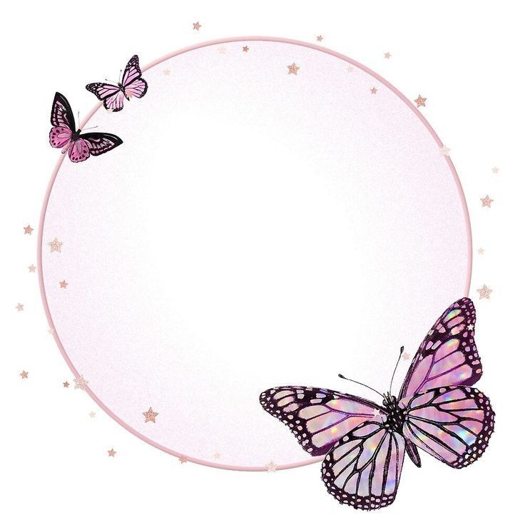 two butterflies flying around a pink circle