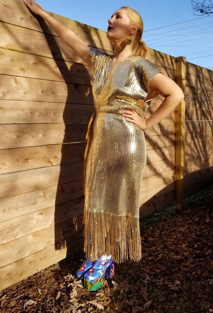 Sequin Fringe Wrap Dress / Party Dress / Midi Dress / Wrap Dress - Etsy Gold Gatsby Style Flapper Dress, Sequin Flapper Dress For Gala, Festive Flapper Dress For Party, Gold Party Dress With Rhinestone Fringe, Gold Evening Dress With Rhinestone Fringe, Gold Rhinestone Fringe Evening Dress, Glamorous Gold Flapper Dress For Summer, Gold Disco Evening Dress, V-neck Flapper Dress For Party