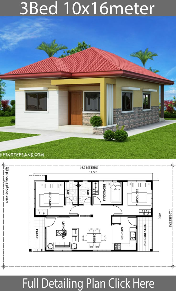 two story house plan with 3 beds and 1 bathrooms in the front, an open floor plan