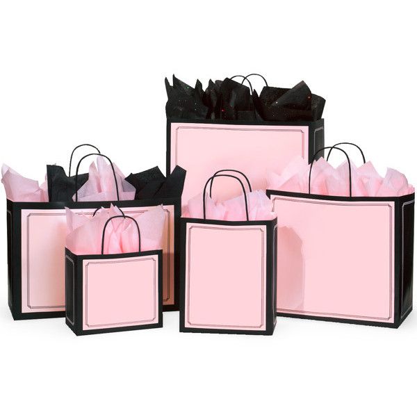 four pink bags with black handles and bows on each bag are shown in three different colors