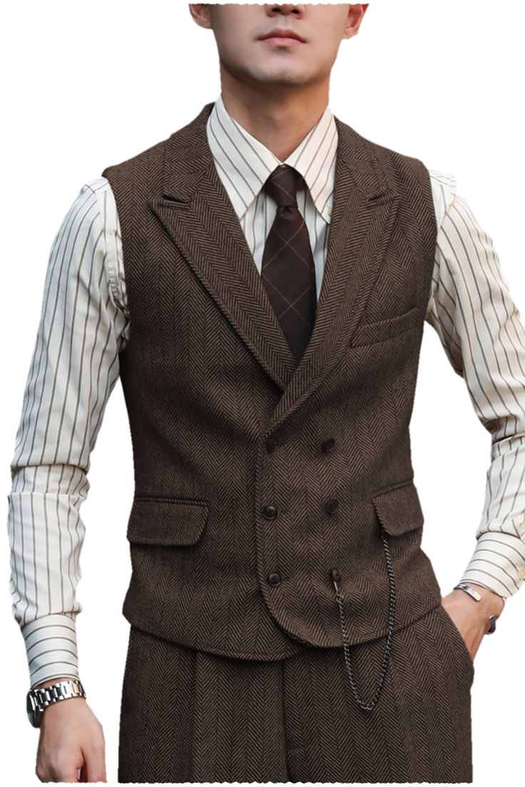 30% Wool / 60% Polyester / 10% Rayon. Herringbone. Include Vest + Pants. Peak Lapel. Double Breasted 8 Buttons. Back metal elastic adjustment buckle. Full lined. Machine wash / Hand wash. Color or size customization please note in the orde Suit Vest Men, Men Vest, Vest Men, Mens Double Breasted Vest, Vest Suit, Tailored Vintage Double Breasted Suit For Semi-formal, Formal Brown Tweed Vest, Steampunk Vest Male, Vest Men Outfit