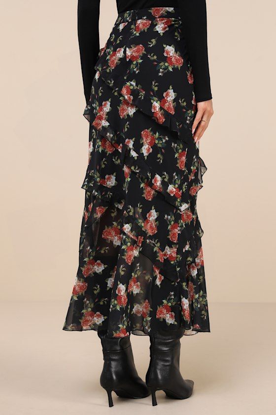 The Lulus Marvelously Charming Black Floral Ruffled High-Rise Maxi Skirt will quickly make its way into your weekly favorites rotation! Airy woven chiffon boasts a darling floral print throughout as it shapes a high, banded waist and a sleek, column-like silhouette. Asymmetrical ruffle trim at the front and back lends a whimsical touch, while a flared, slightly sheer maxi hem completes the look. Hidden back zipper/clasp. Fit: This garment fits true to size. Length: Ankle length. Size medium meas Black Floral Maxi Skirt, Ruffled Maxi Skirt, Floral Maxi Skirt, Long Skirts, Autumn Fashion Casual, Floral Maxi, Ruffle Trim, Ankle Length, Black Floral