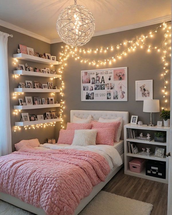 a bedroom decorated in pink and grey with lights on the headboard, bookshelves and