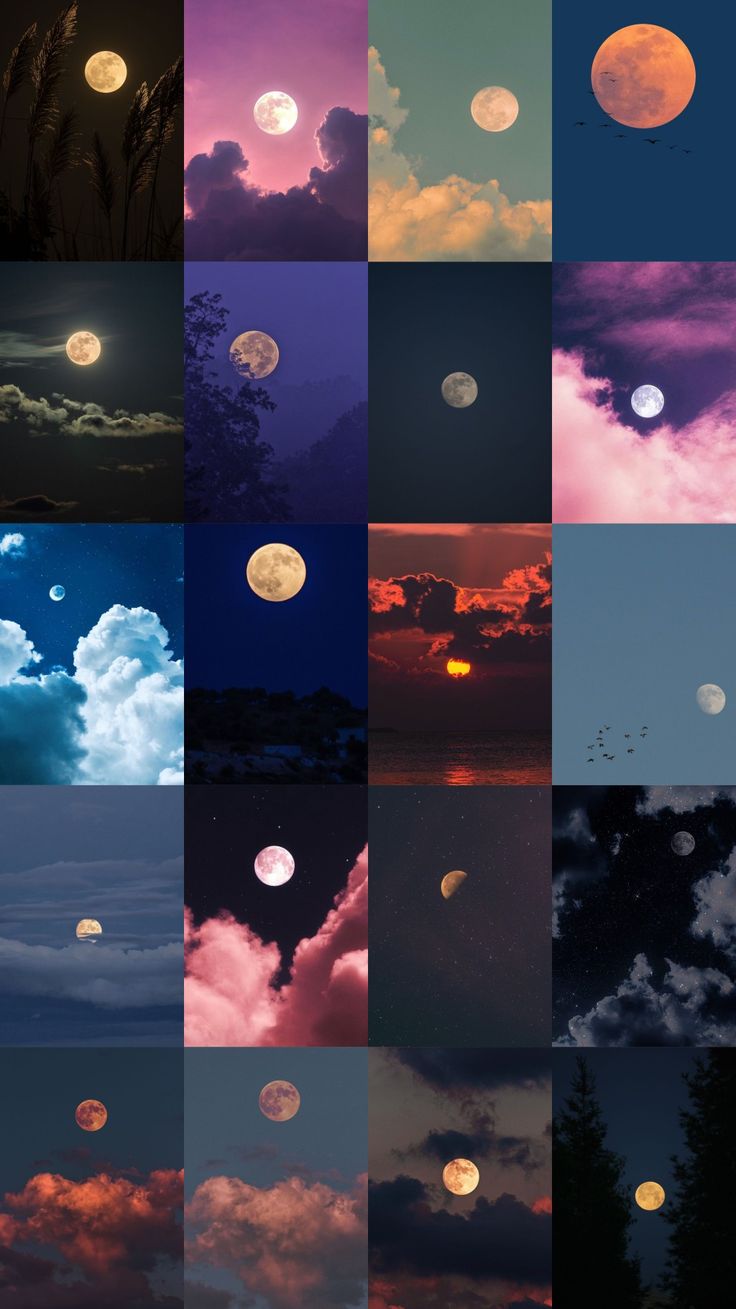 the sky is filled with many different types of clouds and moon's in it