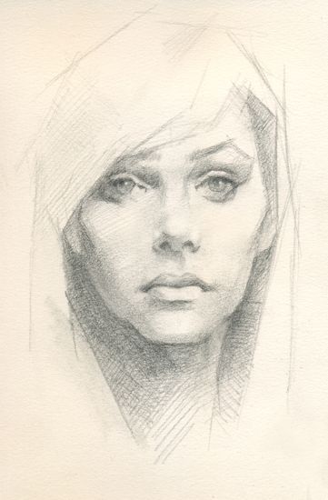 a pencil drawing of a woman's face with her head tilted to the side