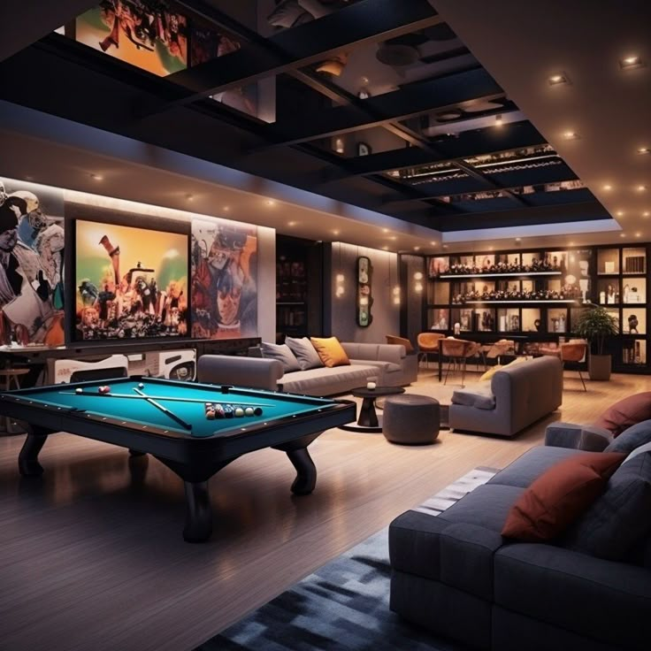 a pool table in the middle of a living room