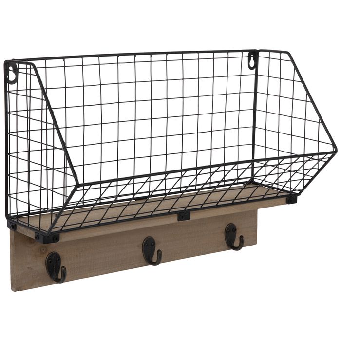 a metal wire basket hanging on a wooden shelf with hooks and pegs attached to it