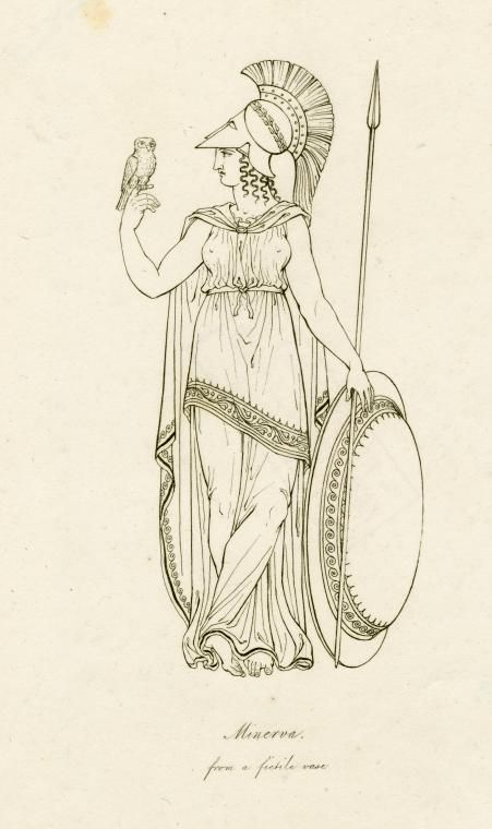 an ancient greek woman holding a shield and a bird in her hand, vintage line drawing or engraving