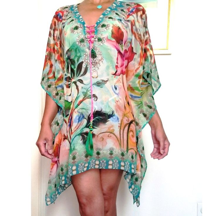 Think About Walking Along The Most Luxurious Beach Or Lounging At Your Own Private Pool Wearing This Pretty Cover Up. This Is A Beautiful Beaded Cover Up. Brand New Never Worn Tunic, Coverup, Swimsuit Cover, Beach Wear, Resort Wear Beautiful Rich Color & Bead Work Beaded V Neckline W/ Rhinestones Can Be Worn As A Swimsuit Cover Up Or Tunic Tassels At Neckline Length: 31.5" Pit To Pit: 40" Generously Sized Soft & Silky Synthetic Fabric Offers Are Welcome Spring Embellished Kaftan, Beach Dresses With Embellished Multicolor, Multicolor Embellished Beach Dresses, Beach Embellished Multicolor Dresses, Summer Party Embellished Kaftan, Spring Beach Beaded Dress, Green Summer Party Kaftan, Bohemian Kaftan For Beach Season Party, Bohemian Party Kaftan For Beach Season