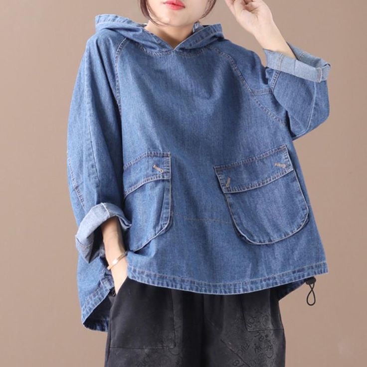 Plus Size - Loose Solid Color Drawstring Denim Hoodie - Jverny Casual Hooded Dark Wash Outerwear, Casual Hooded Outerwear In Dark Wash, Casual Dark Wash Hooded Outerwear, Spring Hoodie With Pockets Relaxed Fit, Spring Hoodie With Pockets In Relaxed Fit, Washed Cotton Hoodie Top, Denim Blue Hooded Hoodie For Fall, Spring Hooded Washed Top, Oversized Blue Hooded Denim Jacket