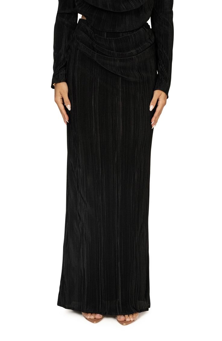 Petite pleats add visual allure to this party-ready set that includes a cropped top and a slinky, floor-sweeping skirt. Top has hidden side zip closure; cowl neck, long sleeves Skirt has hidden side zip closure Lined 100% polyester Hand wash, dry flat Imported Evening Maxi Skirt With Stretch, Stretch Maxi Skirt For Evening, Evening Stretch Maxi Skirt, Sleek Long Skirt For Party, Sleek Long Party Skirt, Fitted Pleated Maxi Skirt For Party, Sleek Maxi Skirt For Night Out, Floor-length Stretch Skirt For Party, Fitted Floor-length Evening Bottoms