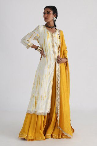 Shop for Smriti by Anju Agarwal White Kurta- Bam Silk Leheriya Pattern Kurta Sharara Set for Women Online at Aza Fashions Yellow Sharara, Silk Kurta Set, Kurta Sharara Set, Kurta Sharara, White Kurta, Salwar Kameez Online, Silk Kurta, Sharara Set, White Embroidery