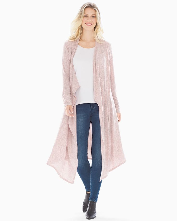 Soma Brushed Knit Duster Vintage Pink Marl Feminine Long Sleeve Knit Cardigan, Feminine Knit Long Sleeve Outerwear, Fall Feminine Loungewear Cardigan, Feminine Fall Loungewear Cardigan, Feminine Soft Knit Sweater For Spring, Feminine Sweater For Daywear In Fall, Feminine Knit Cardigan For Fall, Feminine Sweater For Fall Daywear, Feminine Fall Sweater For Casual Wear