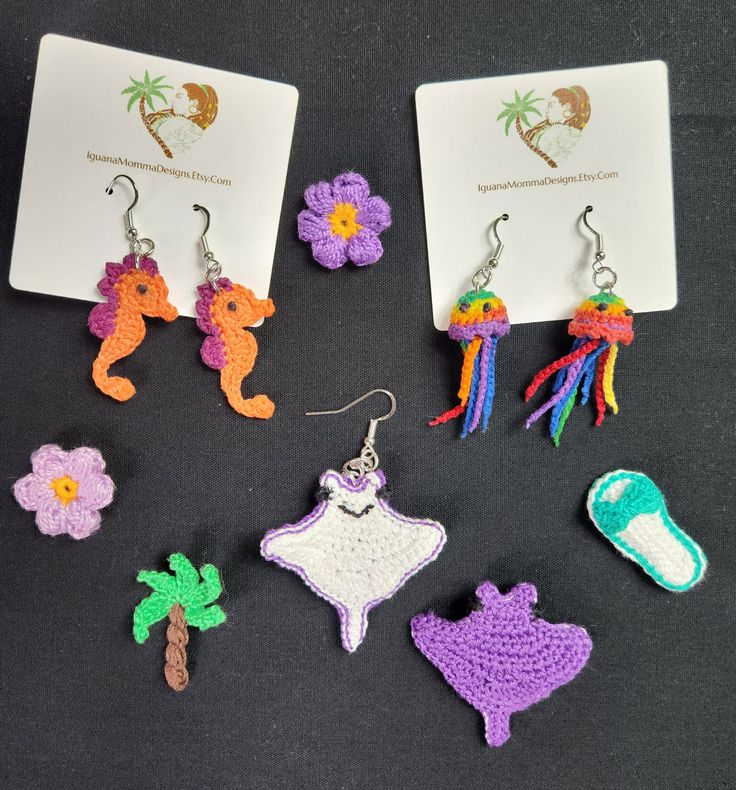 Add splashes of tropical whimsy to your day with a selection of crocheted earrings.  Includes sea creatures, fruits, palm trees and more. Playful Summer Dangle Jewelry, Summer Beach Crochet Jewelry, Summer Crochet Beach Jewelry, Summer Crochet Jewelry For Beach, Handmade Beachy Earrings As Gift, Handmade Beachy Earrings For Gift, Handmade Dangle Earrings For Beach Season, Multicolor Summer Earrings, Fun Beach Season Jewelry For Vacation