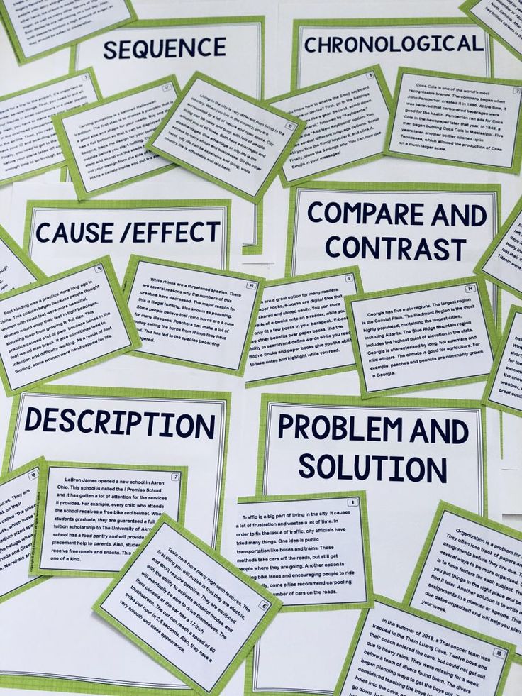 many pieces of paper with words that say cause / effect, compare and contrast on them