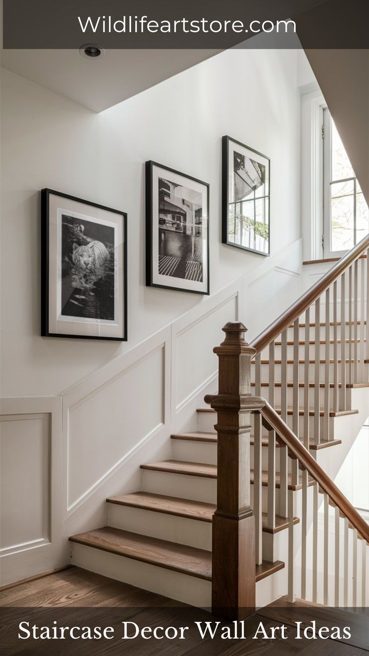 Office Staircase Decor Wall Art Ideas Stairway Wall Ideas, Stairway Picture Wall, Office Staircase, Stairway Wall Decor, Stairway Pictures, Framed Drawings, Gallery Wall Lighting, Gallery Wall Stairs, Decorating Stairway Walls