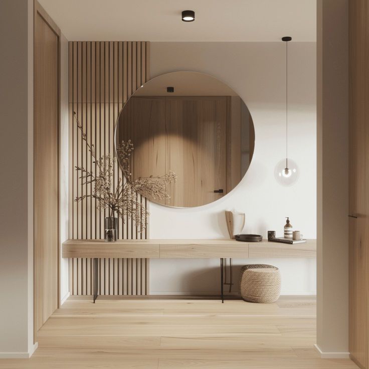 a round mirror on the wall above a wooden table in a room with white walls and wood flooring